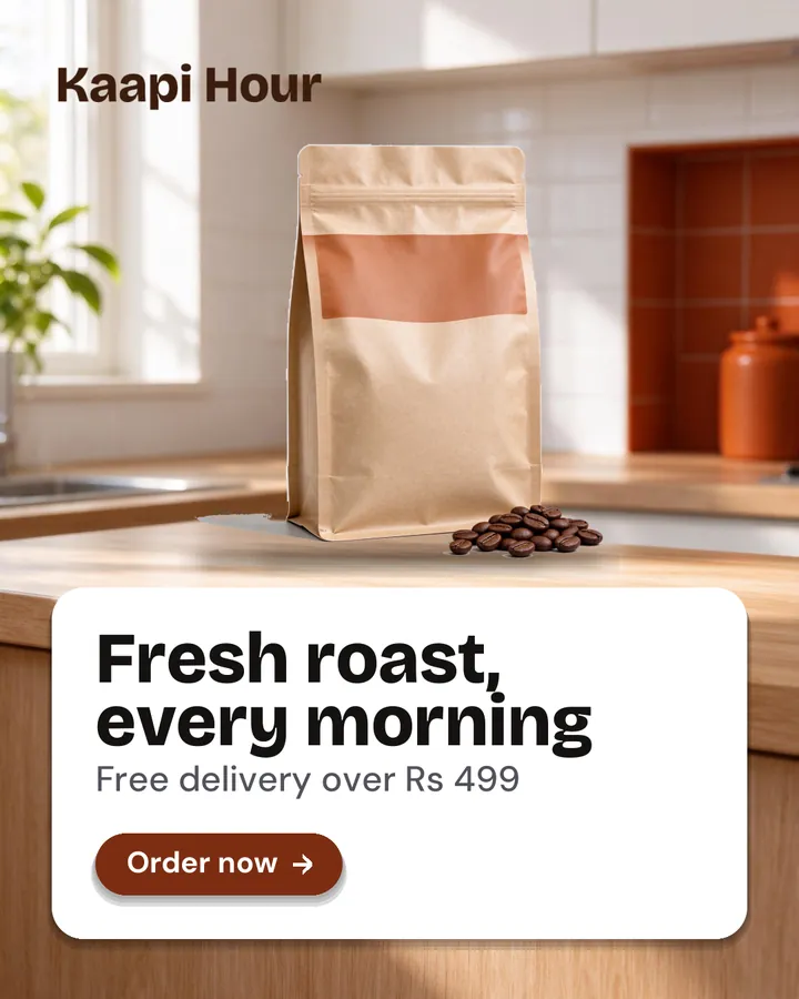 Finished coffee ad made with Ad Studio, lifestyle look