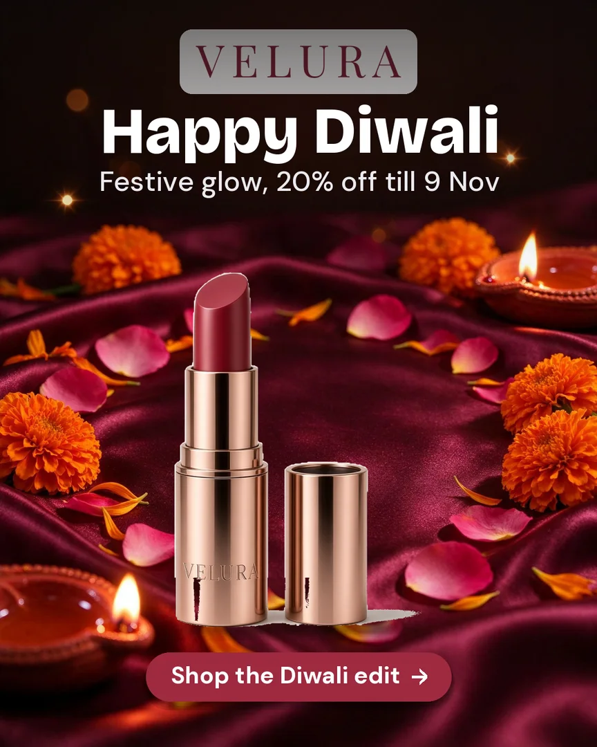 The finished Diwali post: the same lipstick on a festive set with diyas and marigolds, the VELURA logo, Happy Diwali and the offer
