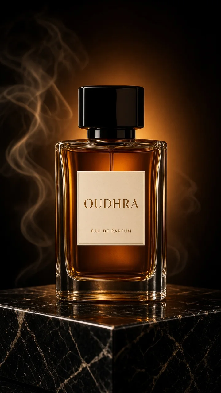 Product photo: OUDHRA perfume bottle with its logo on the label (sample brand)
